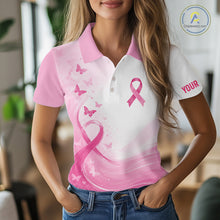 Load image into Gallery viewer, Woman wearing a pink and white polo shirt with a pink ribbon design and 'Your' text.