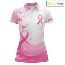 Load image into Gallery viewer, Personalized Breast Cancer Awareness Women’s Golf Polo Pink Ribbon &amp; Butterflies Custom Name NHT975 - Women's Short Sleeve...