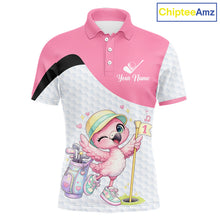 Load image into Gallery viewer, Pink Mens Golf Polo Shirt Pink Flamingos Pattern Custom Name, Funny Flamingo Golf Polo Shirts NHT626