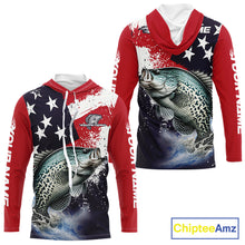Load image into Gallery viewer, Personalized Crappie Fishing Jerseys, Custom American Flag Crappie Hooded Fishing Shirts Long Sleeve NHT491