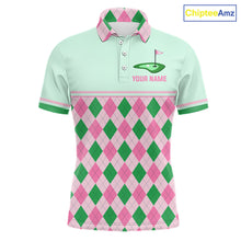 Load image into Gallery viewer, Pink Argyle Golf Polo Shirt Personalized Men Golf Shirt Cute Preppy Golf Outfit Custom Name, Familly Team Shirts NHT691