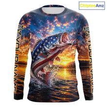 Load image into Gallery viewer, American Flag Bass Fishing Jersey – Patriotic Sunset Lake Angler Long Sleeve For Men