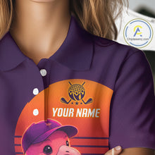 Load image into Gallery viewer, Purple polo shirt with a graphic of a bear wearing a cap and text 'YOUR NAME' on an orange background.