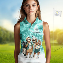 Load image into Gallery viewer, Funny Sloth Sleeveless Womens Golf Polo Shirt  –  Blue Tie Dye Custom Name Golf Shirt, Golf Gift NHT880