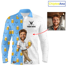 Load image into Gallery viewer, Custom Golf Polo With Face Funny Golfer Beer Lover Gift For Men|Blue NHT1044