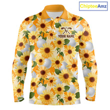 Load image into Gallery viewer, Personalized Sunflower Mens Golf Polo Shirt Custom Name Floral Golf Polo For Men 
