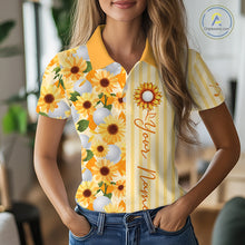 Load image into Gallery viewer, Personalized Sunflower Womens Golf Polo Shirt Custom Name Golf Ball Floral Polo Shirt 