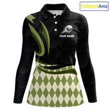 Load image into Gallery viewer, Personalized Womens Golf Polo Shirt Custom Name, Black Green Argyle Golf Team Polo 