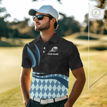 Load image into Gallery viewer, Personalized Mens Golf Polo Shirt Custom Name, Black Blue Argyle Golf Team Polo 