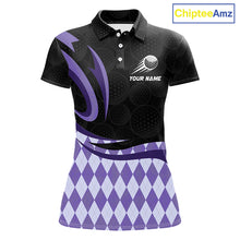 Load image into Gallery viewer, Personalized Womens Golf Polo Shirt Custom Name, Black Purple Argyle Golf Team Polo 