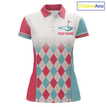 Load image into Gallery viewer, Argyle Pattern Golf Polo Shirts For Womens Custom Name, Golf Pattern Red Blue Shirt Gifts NHT931
