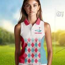 Load image into Gallery viewer, Argyle Pattern Womens Sleeveless Golf Polo Shirts For Womens Custom Name, Golf Pattern Red Blue Shirt Gifts NHT931