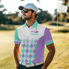 Load image into Gallery viewer, Argyle Pattern Golf Polo Shirts For Mens Custom Name, Golf Pattern Turquoise Purple Shirt Gifts NHT932