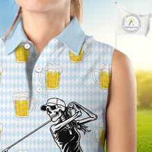 Load image into Gallery viewer, Funny Skull Womens Sleeveless Golf Polo Shirts Beer Blue Argyle Pattern Custom Name Skull Playing Golf Apparel NBT629
