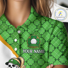 Load image into Gallery viewer, Custom St. Patrick's Day Womens Golf Polo Shirt – Lucky Shamrock Skeleton Golfer Team Uniform NHT1114