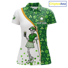 Load image into Gallery viewer, Custom St. Patrick's Day Womens Golf Polo Shirt – Shamrock Skeleton Lady Golfer Personalized Team 