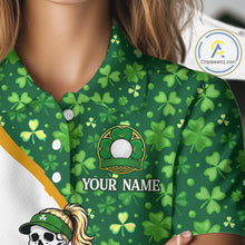 Load image into Gallery viewer, Green shirt with shamrock pattern and customizable text, featuring a logo and brand name.