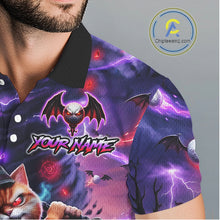 Load image into Gallery viewer, Personalized Mens Golf Polo Shirts Angry Cat Golfer Gothic Lightning Theme Team Name Shirt NHT803
