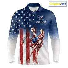 Load image into Gallery viewer, Custom American Flag Ostrich Long Sleeve Mens Golf Polo Shirt – Funny Patriotic Golf Team Shirt Personalized Gift 
