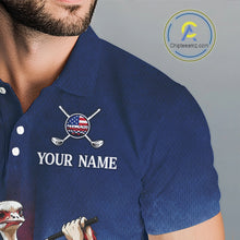 Load image into Gallery viewer, Blue polo shirt with golf-themed design and 'Your Name' text on a gray background