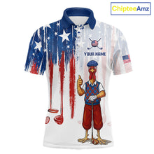 Load image into Gallery viewer, Front view funny rooster American Flag golf white mens golf polo shirt custom name
