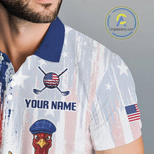 Load image into Gallery viewer, Close-up breathable polyester fabric texture on funny rooster American Flag golf white mens golf polo shirt custom name