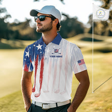 Load image into Gallery viewer, Man wearing a personalized golf shirt with American flag design on a golf course