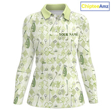 Load image into Gallery viewer, Custom Women’s Long Sleeve Golf Polo Shirt Lucky Shamrock Argyle Pattern Personalized Team Name