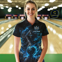 Load image into Gallery viewer, Person wearing a custom bowling shirt with a blue and black design in a bowling alley.