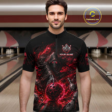 Load image into Gallery viewer, Man wearing a black bowling shirt with red and gray graphics in a bowling alley.
