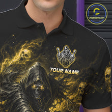 Load image into Gallery viewer, Black polo shirt with grim reaper design and 'Your Name' text, brand logo visible.