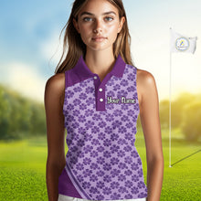 Load image into Gallery viewer, Custom Womens Sleeveless Purple Floral Golf Polo, Personalized Violet Flower Golf Shirt With Name NHT696