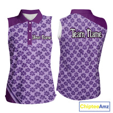Load image into Gallery viewer, Custom Womens Sleeveless Purple Floral Golf Polo, Personalized Violet Flower Golf Shirt With Name NHT696