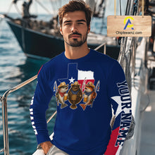 Load image into Gallery viewer, Funny Cowboy Trout, Flounder, Redfish Texas Flag Long Sleeve Fishing Shirts Apparel|Blue