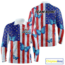 Load image into Gallery viewer, Personalized Blue Butterfly American Flag Polo – Custom Name Patriotic Golf Polo Shirt
