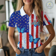 Load image into Gallery viewer, Personalized Blue Butterfly American Flag Polo – Custom Name Patriotic Womens Golf Polo Shirt