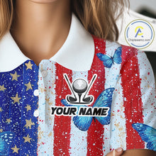 Load image into Gallery viewer, Personalized Blue Butterfly American Flag Polo – Custom Name Patriotic Womens Golf Polo Shirt NHT1034