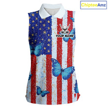 Load image into Gallery viewer, Personalized Blue Butterfly American Flag Polo – Custom Name Patriotic Womens Sleeveless Golf Polo Shirt
