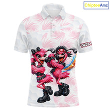 Load image into Gallery viewer, Personalized Funny Flamingo Rockstar Couple Golf Polo Shirt, Custom Name Matching Couple Golf Shirt NHT748
