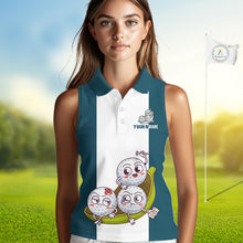 Load image into Gallery viewer, Custom Blue Teal White Sleeveless Womens Golf Team Polo Shirt, Funny Golf Ball Family Design, Matching Team Outfit NHT791