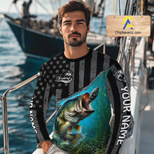 Load image into Gallery viewer, Gray Blue Bass Custom Long Sleeve Fishing Shirt, American Flag Patriotic Bass Fishing Jerseys NHT973
