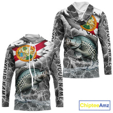Load image into Gallery viewer, Florida Crappie Camo Gray Custom Long Sleeve Hooded Performance Fishing Shirts, Florida Flag Fishing Jerseys NHT658