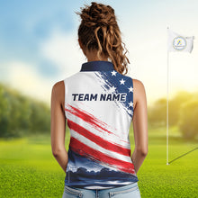 Load image into Gallery viewer, Women's Sleeveless Patriotic Golf Polo Shirt – USA Flag Golf Apparel, Red White Blue Performance Polo 