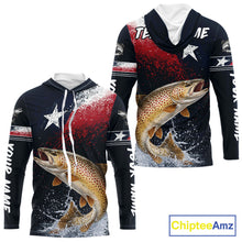 Load image into Gallery viewer, Custom Vintage Brown Trout Long Sleeve Hooded Patriotic Fishing Shirt For Men, Trout Texas Flag Fishing Shirt NHT767