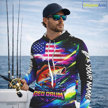 Load image into Gallery viewer, Personalized Redfish Fishing Jerseys, Custom American Flag Hooded Fishing Shirts Long Sleeve For Men NHT641