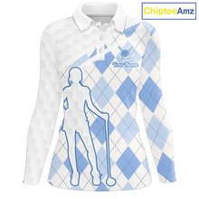 Load image into Gallery viewer, Personalized Blue White Argyle Plaid Pattern Womens Golf Polo Shirts, Blue Golf Tops For Womens NHT674