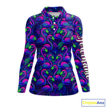 Load image into Gallery viewer, Womens Golf Polo Shirt Neon Flamingos Tropical Pattern Custom Name, Golfing Gifts NHT557