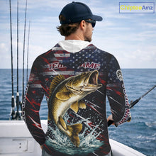 Load image into Gallery viewer, Personalized US Flag Walleye Fishing Shirts Long Sleeve Hooded, Patriotic Walleye Fishing Apparel NHT482