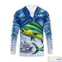Load image into Gallery viewer, Personalized Mahi Mahi Fishing Shirt With Ocean Wave Graphic, Hooded Long Sleeve Fishing Apparel NHT612