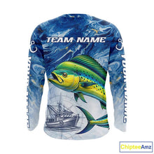 Load image into Gallery viewer, Personalized Mahi Mahi Fishing Shirt With Ocean Wave Graphic, Long Sleeve Fishing Apparel NHT612